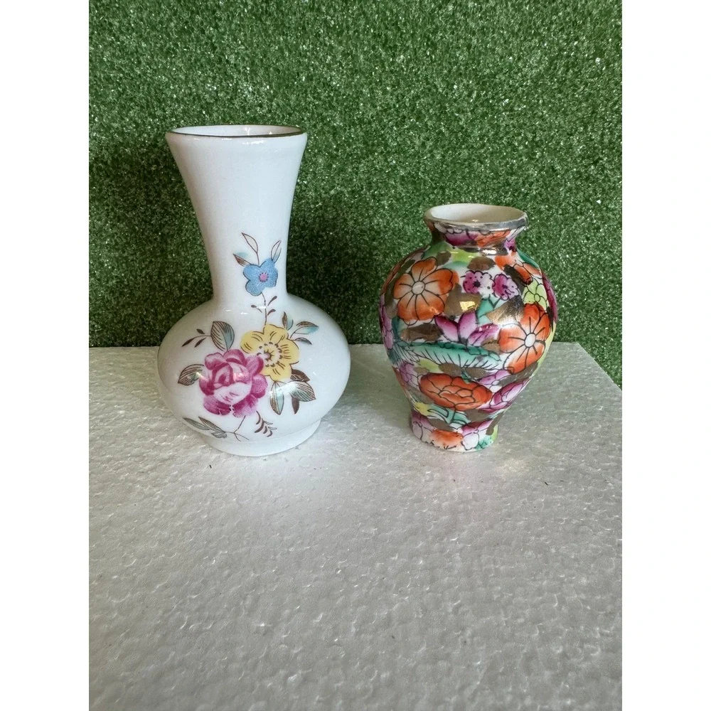 Vintage Miniature Porcelain Bud Vases Floral Millefleur Gold Trim Set of 2